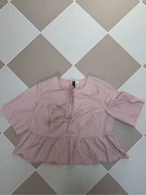 Divided Light Pink Tie-Front Peplum Blouse